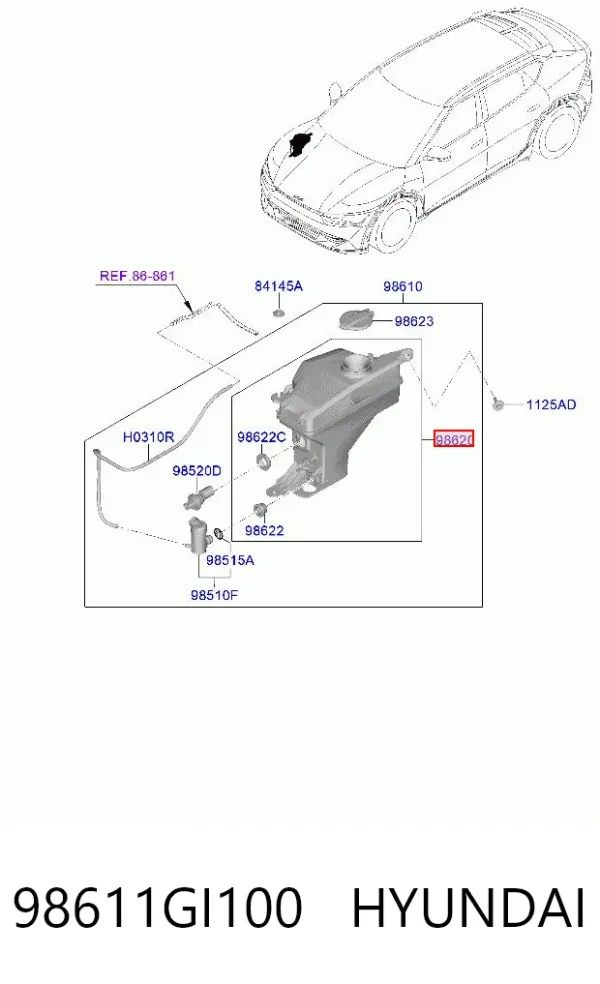 Tanque de fluido para lavador de vidro 98611GI100 Hyundai/Kia