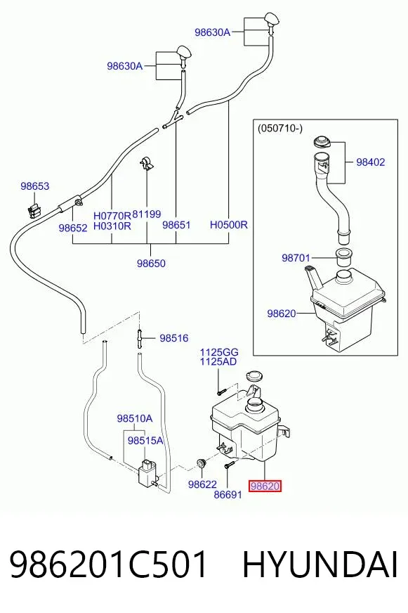 Tanque de fluido para lavador de vidro 986201C501 Hyundai/Kia