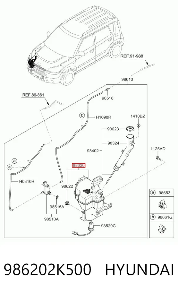 Tanque de fluido para lavador de vidro 986202K500 Hyundai/Kia