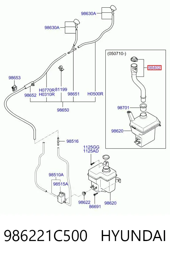 Gargalo do tanque de fluido para lavador 986221C500 Hyundai/Kia