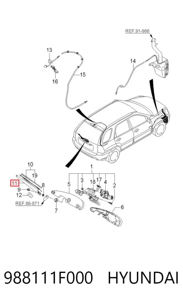 Braço de limpa-pára-brisas de vidro traseiro 988111F000 Hyundai/Kia