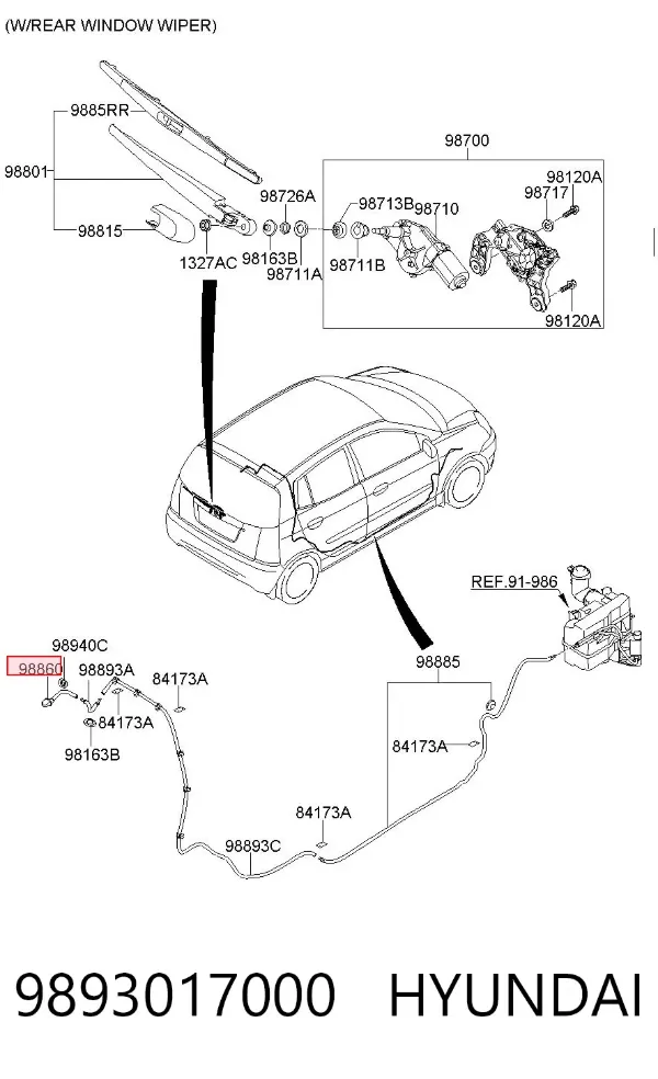 Injetor de fluido para lavador de vidro traseiro 9893017000 Hyundai/Kia