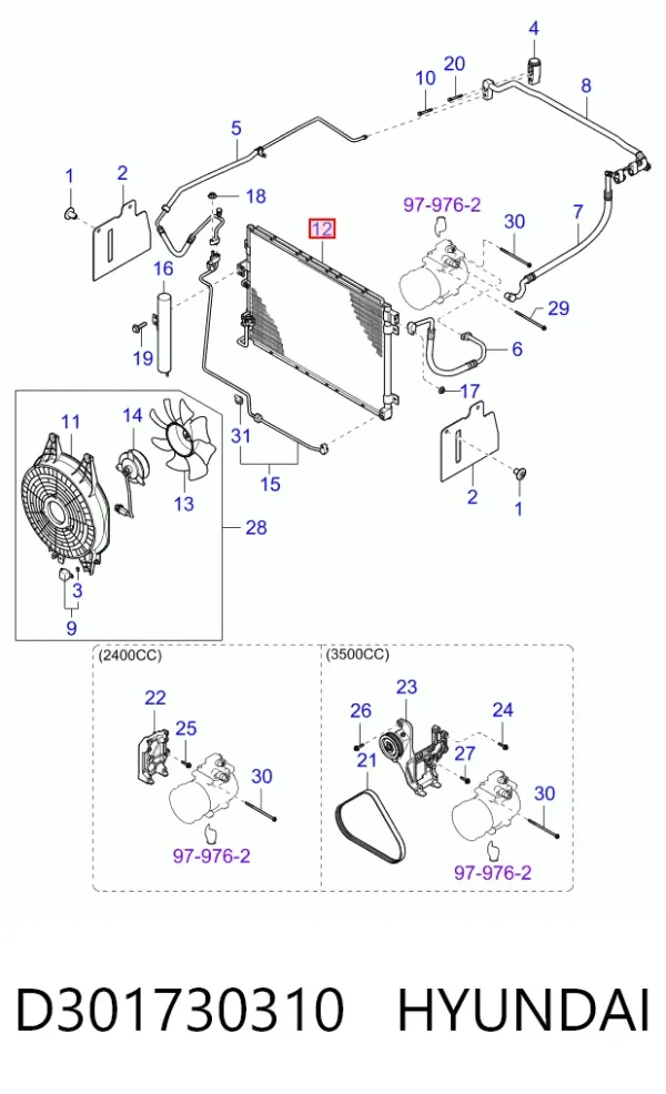Radiador de aparelho de ar condicionado D301730310 Hyundai/Kia