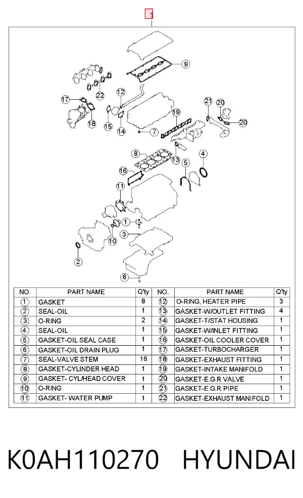 Kit de vedantes de motor completo K0AH110270 Hyundai/Kia