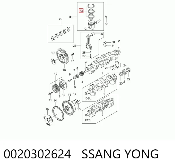 Anéis do pistão para 1 cilindro, STD. 0020302624 Ssang Yong