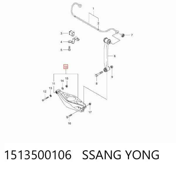 Braço oscilante inferior esquerdo de suspensão traseira/direita 1513500106 Ssang Yong