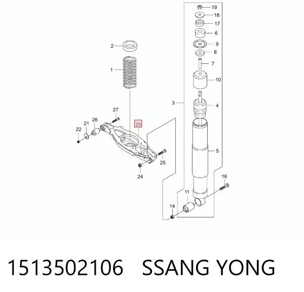 Braço oscilante inferior esquerdo de suspensão traseira/direita 1513502106 Ssang Yong