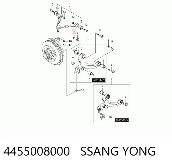 Porca de parafuso de fixação de braço oscilante dianteiro inferior 4455008000 Ssang Yong