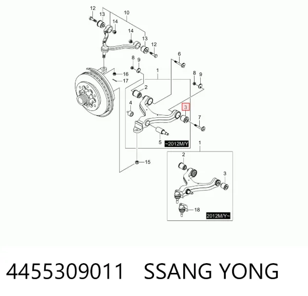 Bloco silencioso dianteiro do braço oscilante inferior 4455309011 Ssang Yong