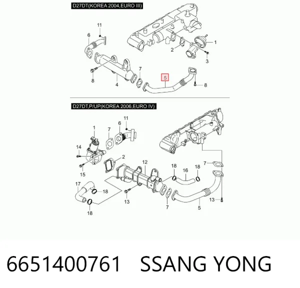 Cano derivado do sistema de recirculação dos gases de escape EGR 6651400761 Ssang Yong