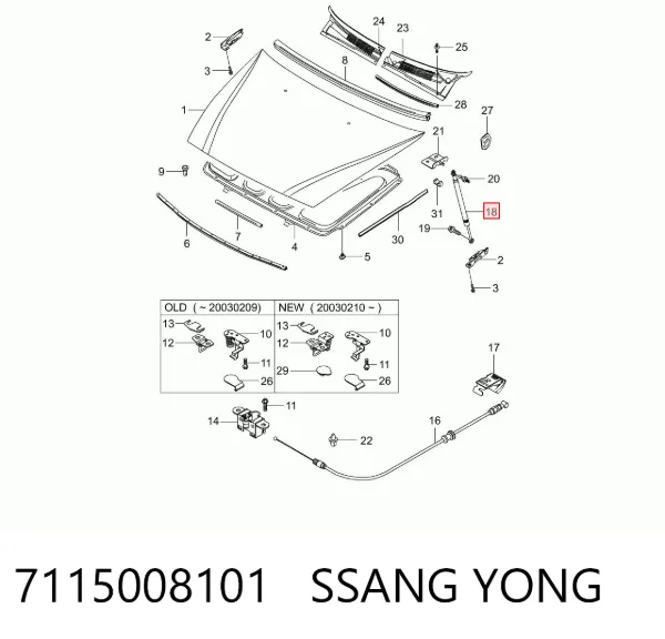 Amortecedor da capota 7115008101 Ssang Yong