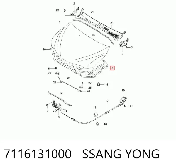 Isolamento de ruído da capota 7116131000 Ssang Yong