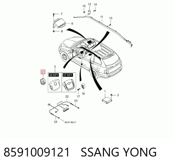 Anel AIRBAG de contato, cabo plano do volante 8591009121 Ssang Yong