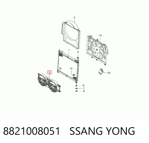 Ventilador elétrico de esfriamento montado (motor + roda de aletas) 8821008051 Ssang Yong