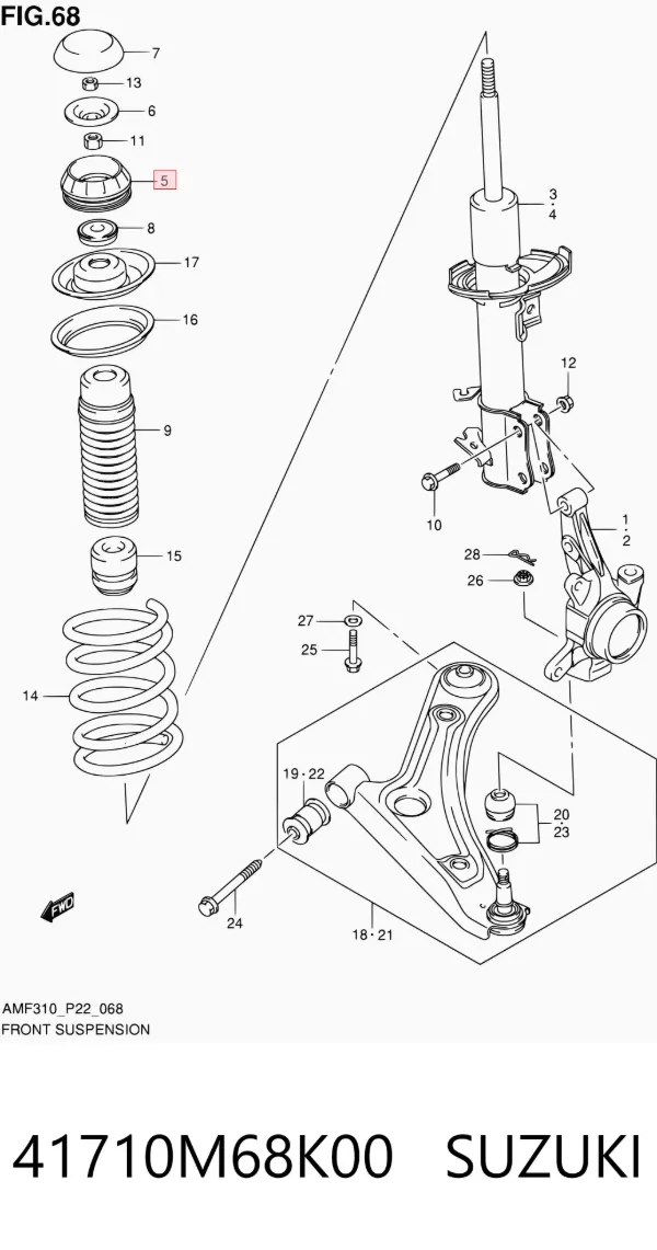 Suporte de amortecedor dianteiro 41710M68K00 Suzuki