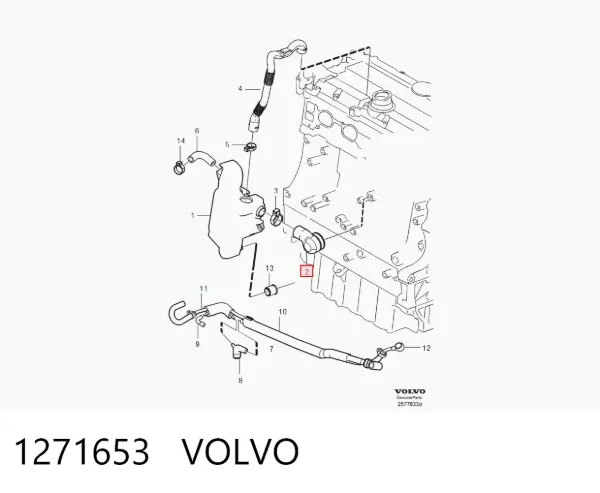 Cano derivado de ventilação de cárter (de separador de óleo) 1271653 Volvo