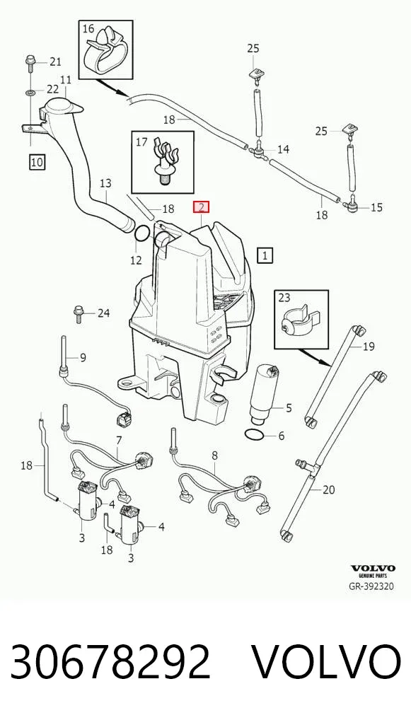 Tanque de fluido para lavador de vidro 30678292 Volvo