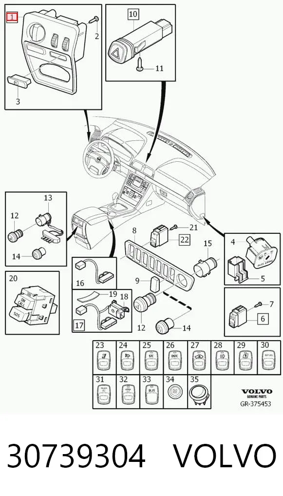 Comutador das luzes no "painel de instrumentos" 30739304 Volvo