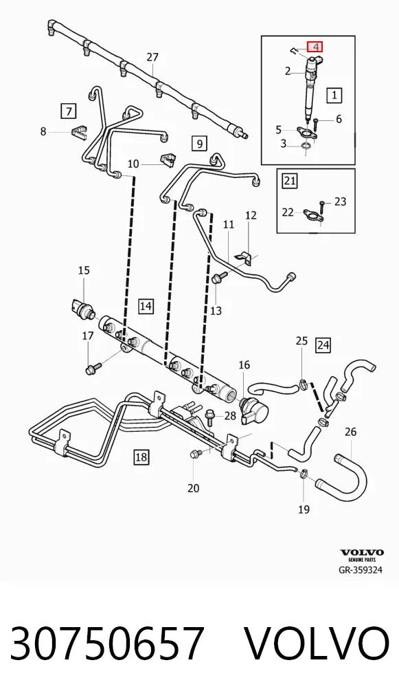 Braçadeira de fixação de tubos de retorno de injetores 30750657 Volvo