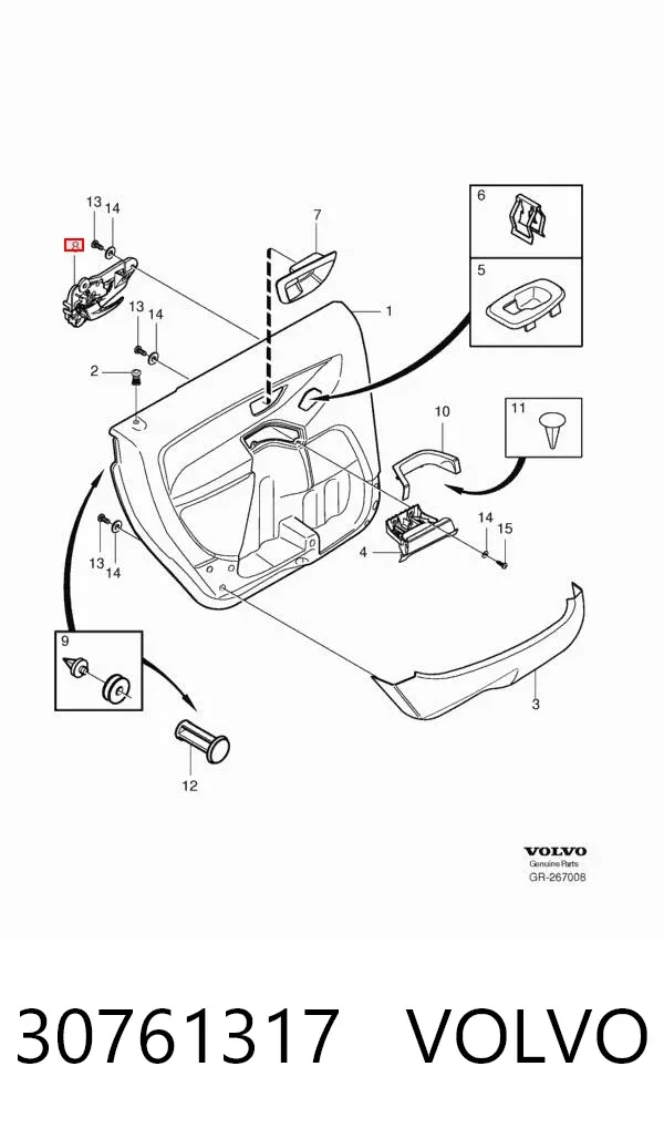 Maçaneta interna dianteira/traseira da porta esquerda 30761317 Volvo
