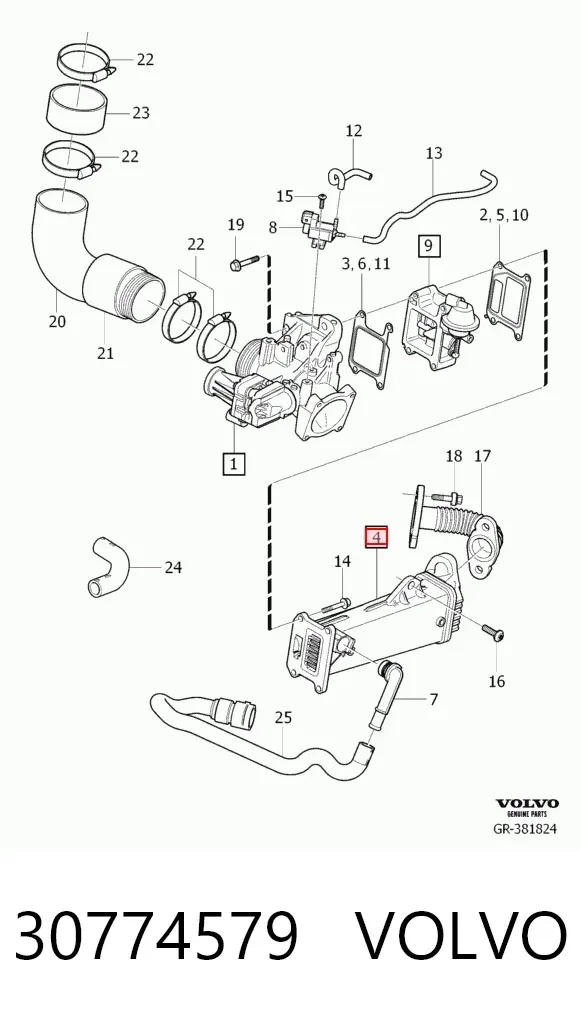 Radiador do sistema EGR de recirculação dos gases de escape 30774579 Volvo