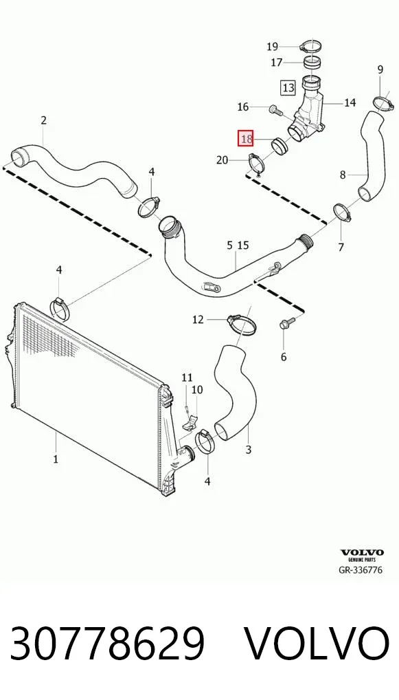Anel de vedação (vedante) de cano derivado de intercooler 30778629 Volvo