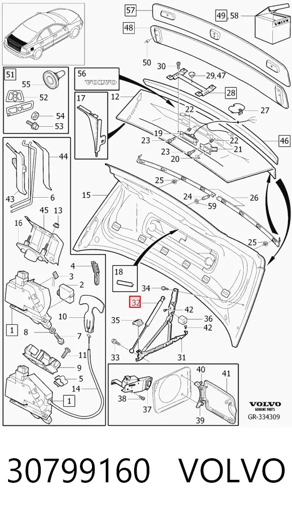 Amortecedor de tampa de porta-malas (de 3ª/5ª porta traseira) 30799160 Volvo
