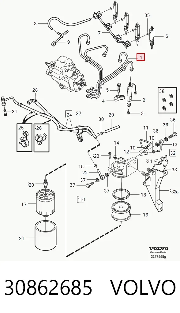 Tubo de combustível, desde a Bomba de Combustível de Pressão Alta até a sonda de combustível 30862685 Volvo