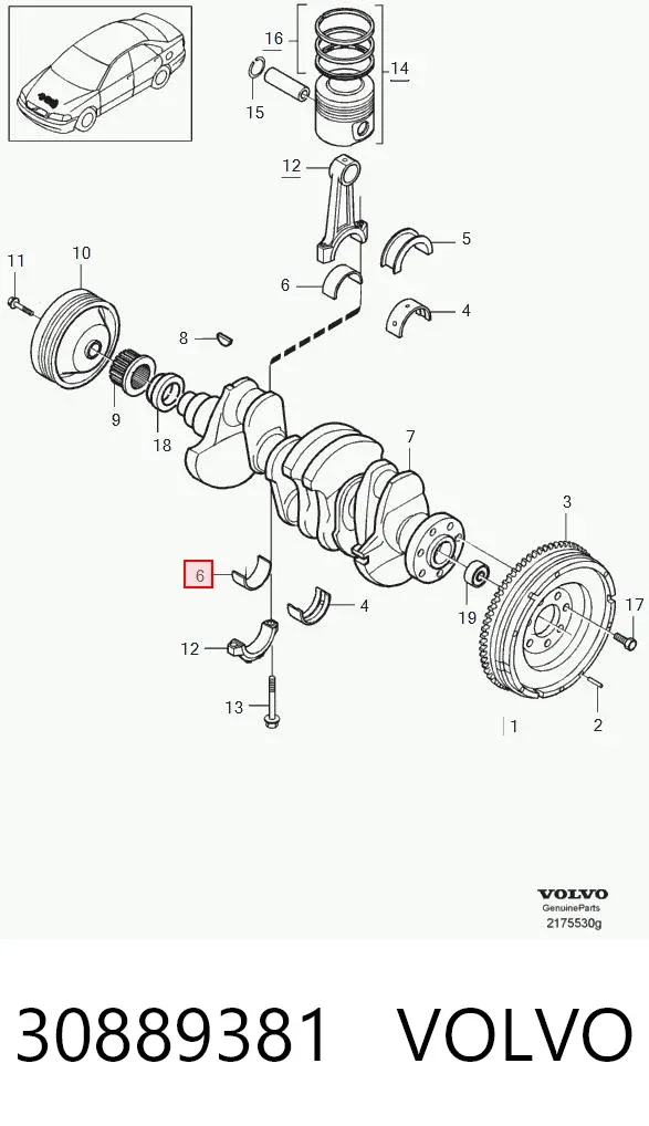 Folhas inseridas de cambota de biela, kit, 1ª reparação ( + 0,25) 30889381 Volvo