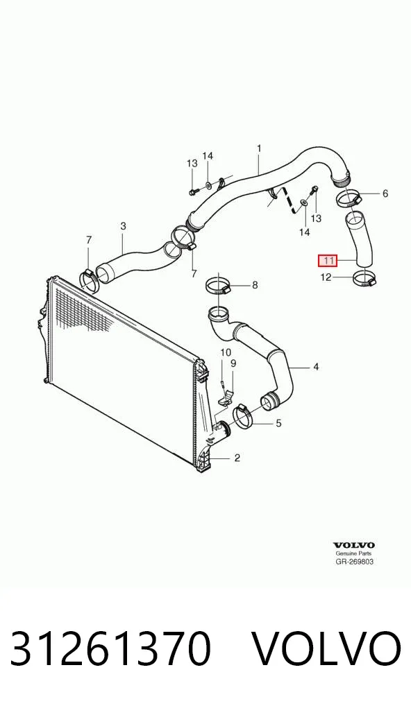 Mangueira (cano derivado) de intercooler 31261370 Volvo