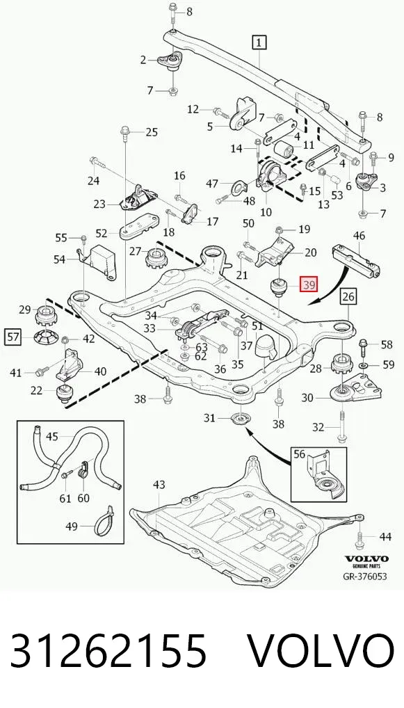 Coxim (suporte) traseiro de motor 31262155 Volvo