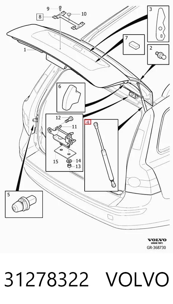 Amortecedor de tampa de porta-malas (de 3ª/5ª porta traseira) 31278322 Volvo