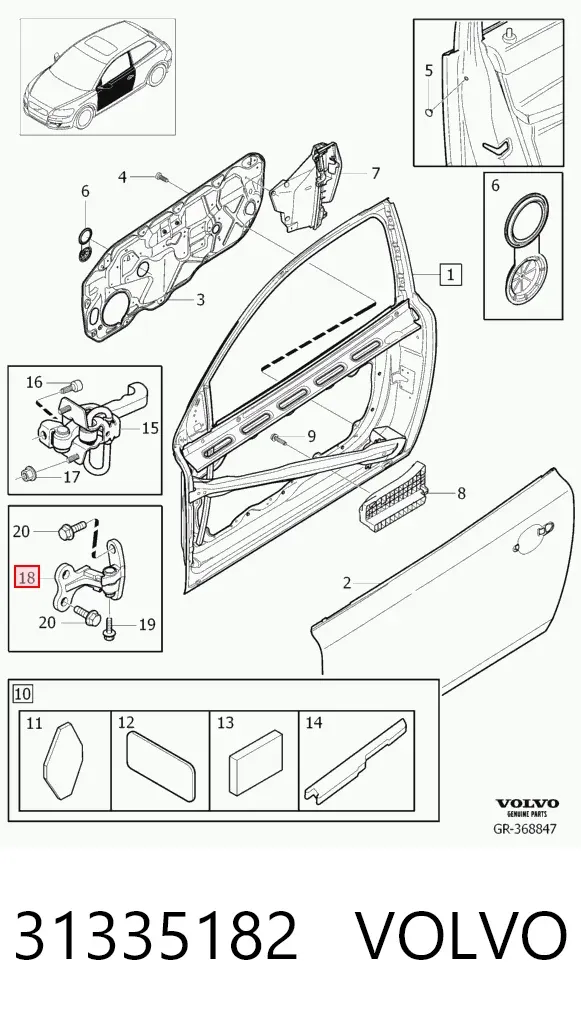 Gozno da porta dianteira direita 31335182 Volvo