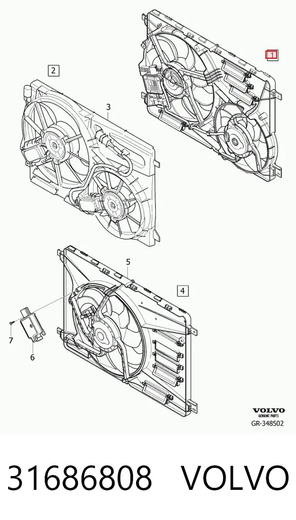 Difusor do radiador de esfriamento, montado com motor e roda de aletas 31686808 Volvo