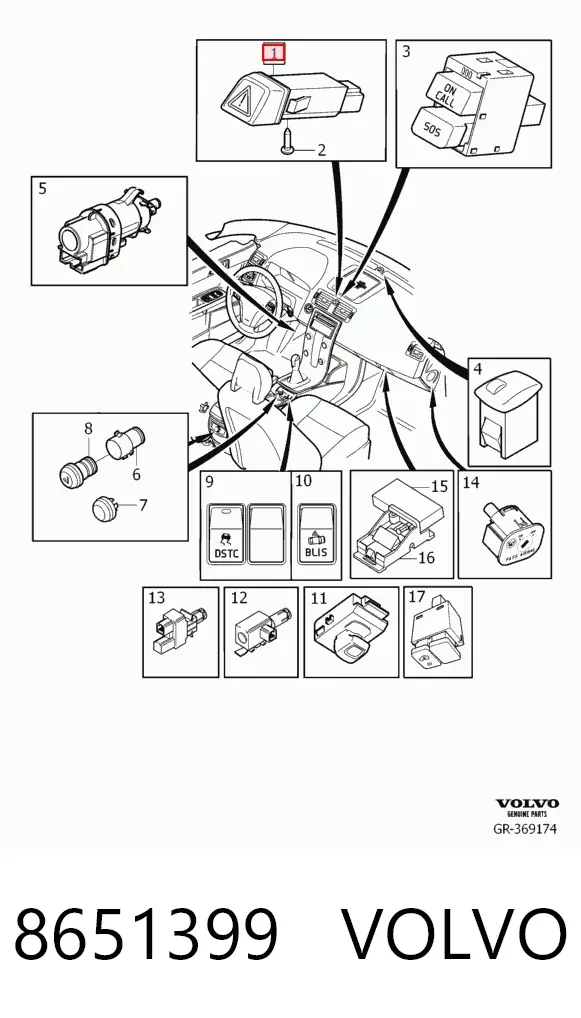Botão de ativação do sinal de emergência 8651399 Volvo