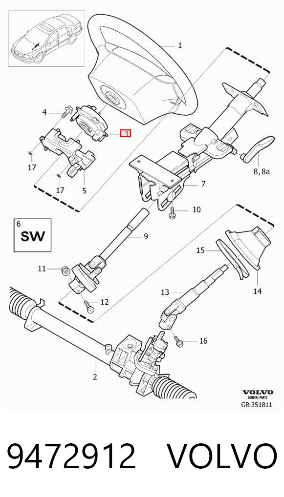 Anel AIRBAG de contato, cabo plano do volante 9472912 Volvo