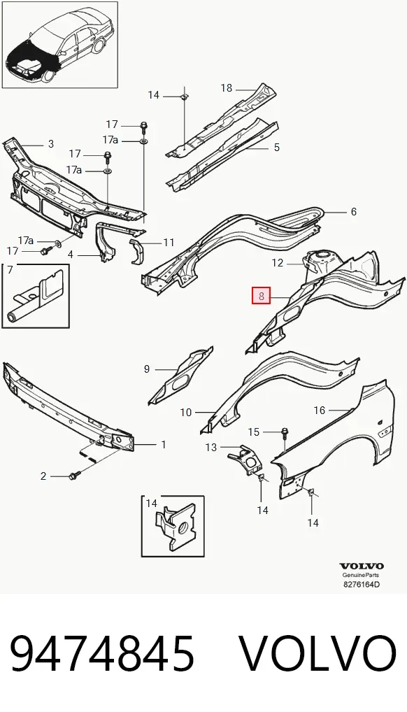 Longarina de chassi dianteira esquerda 9474845 Volvo