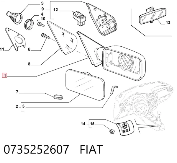 Espelho de retrovisão esquerdo 0735252607 Fiat/Alfa/Lancia