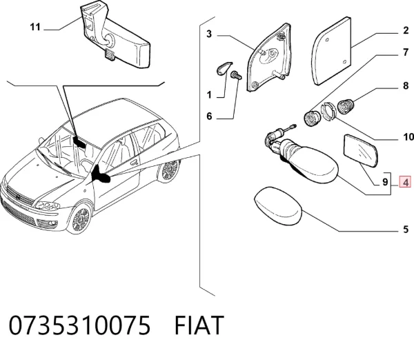 Espelho de retrovisão esquerdo 0735310075 Fiat/Alfa/Lancia