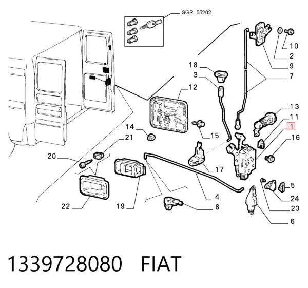 Fecho da porta traseira direita batente 1339728080 Fiat/Alfa/Lancia