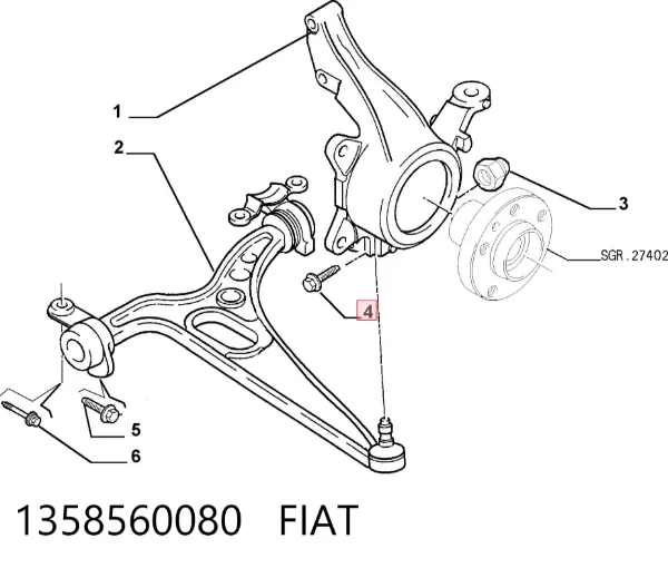 Parafuso de fixação de apoio esférico dianteiro ao pino de apoio 1358560080 Fiat/Alfa/Lancia