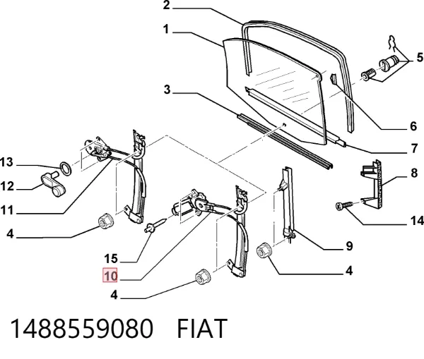 Mecanismo de acionamento de vidro da porta dianteira direita 1488559080 Fiat/Alfa/Lancia