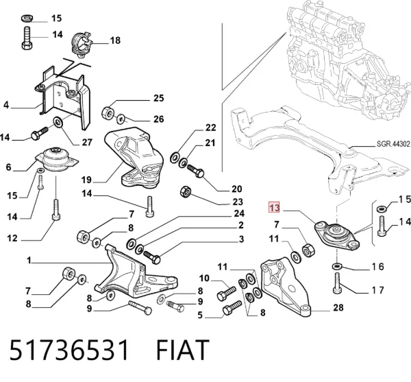 Coxim (suporte) traseiro de motor 51736531 Fiat/Alfa/Lancia