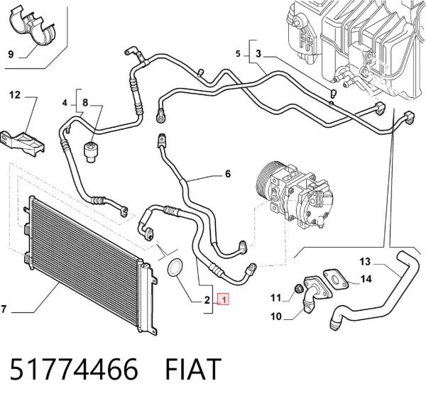 Mangueira de aparelho de ar condicionado, desde o compressor até o radiador 51774466 Fiat/Alfa/Lancia