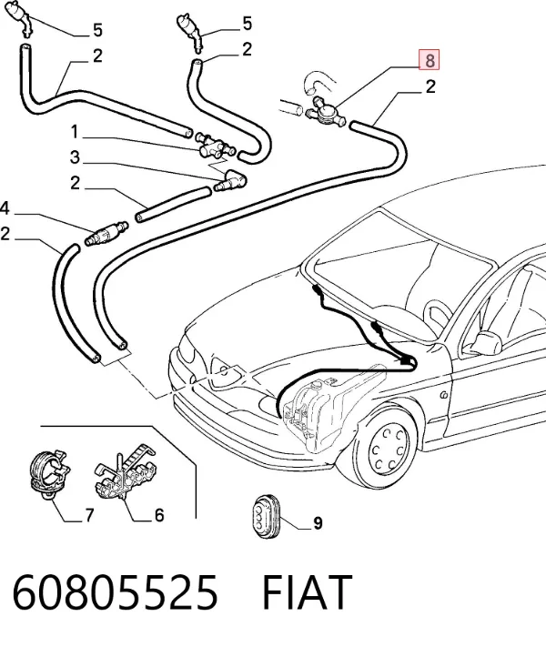 União em T do sistema de lavador de pára-brisas 60805525 Fiat/Alfa/Lancia
