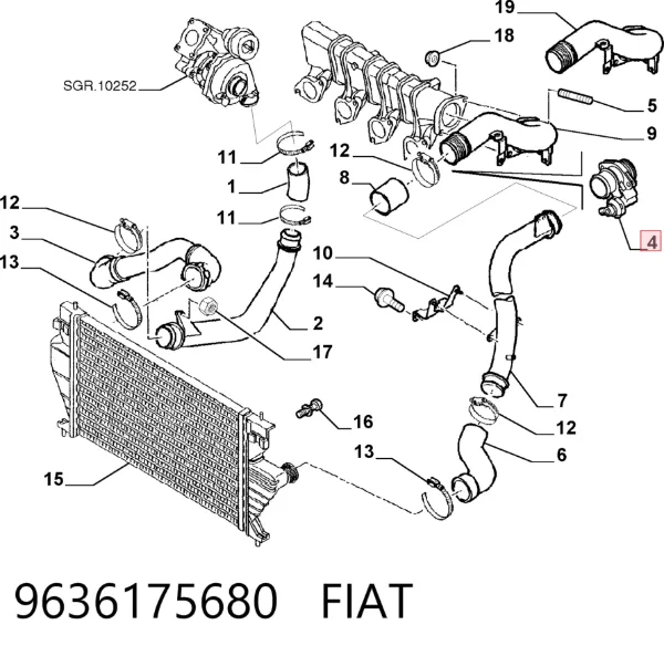 Cano derivado de ar, da válvula de borboleta 9636175680 Fiat/Alfa/Lancia