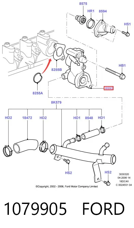 Flange do sistema de esfriamento (união em T) 1079905 Ford