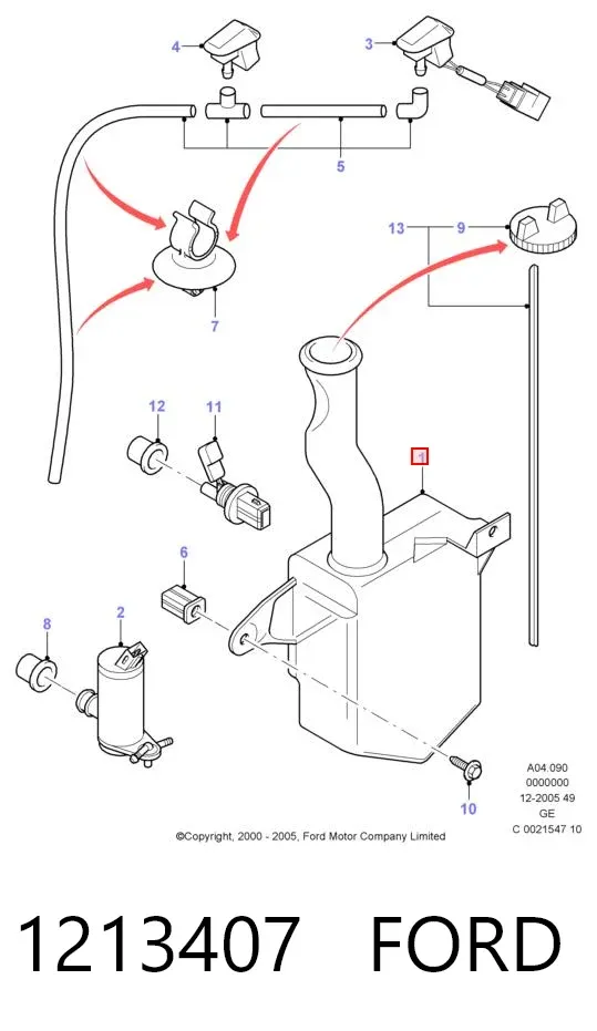Tanque de fluido para lavador de vidro 1213407 Ford