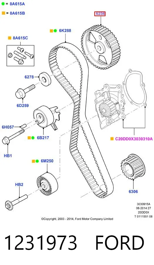 Engrenagem de cadeia da roda dentada da árvore distribuidora de motor 1231973 Ford