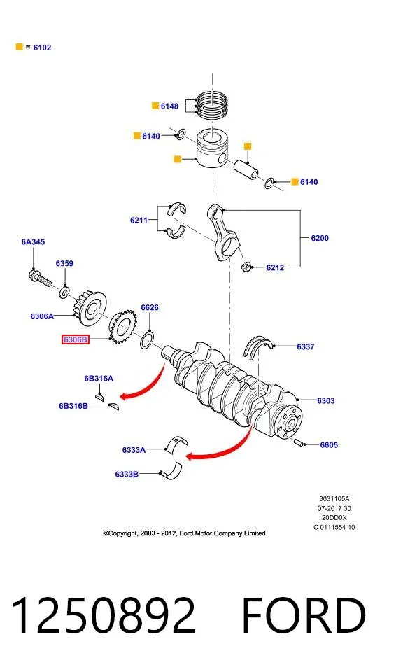Engrenagem de cadeia da roda dentada de acionamento de cambota de motor 1250892 Ford